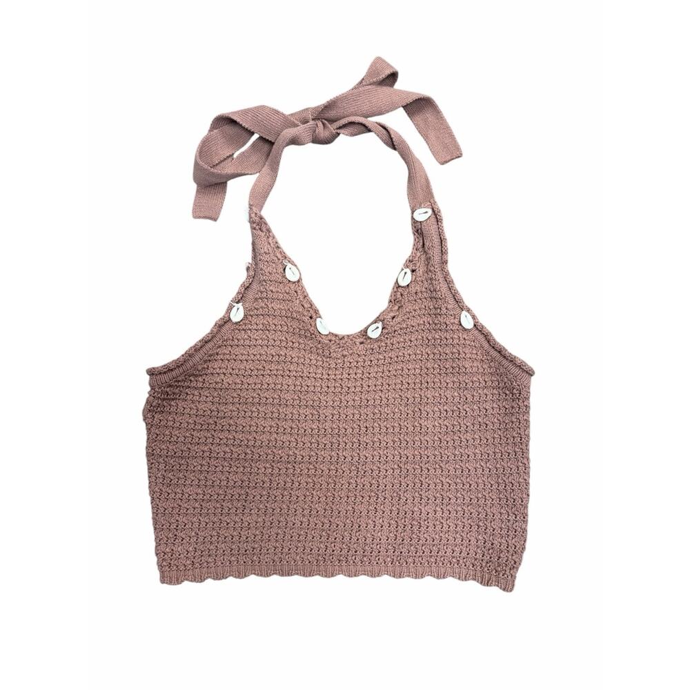 Sincerely Jules Brown Crochet Halter Tank With Shells - Small